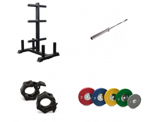 Complete Pack: Olympic Bar with Bearings + Competition Bumper Discs 150kg + Locks + Storage Rack  / GYMDESX