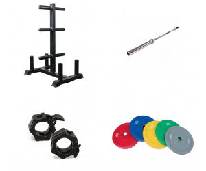 Pack Completo: Barra Olímpica con Rodamientos + Discos Bumper Color 150kg +Cierres + Rack Almacenaje  / GYMDESCUENTO